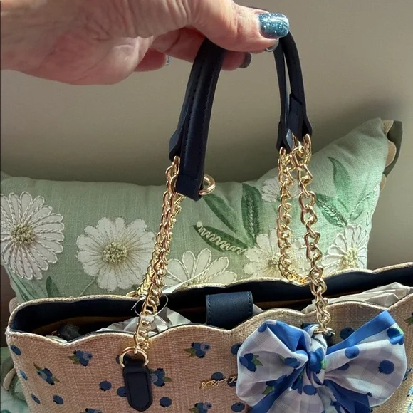 Betsey Johnson Beige blueberry Tote with Blue Floral & Polka Dot Scarf Bow - Picture 4 of 11